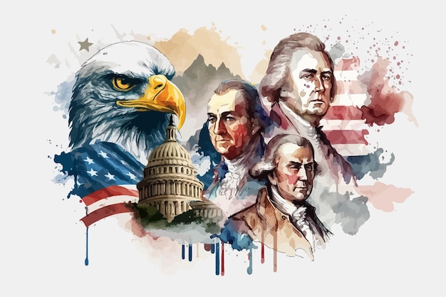 Op een witte achtergrond een aquareltekening van een Amerikaanse soldaat Amerikaanse figuren die tekenden