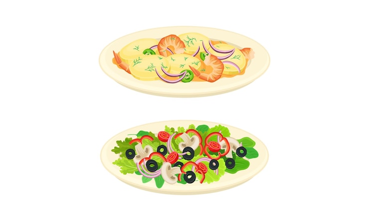 Vector op het bord geserveerd met groene groente salade en aardappelen met garnalen vector set
