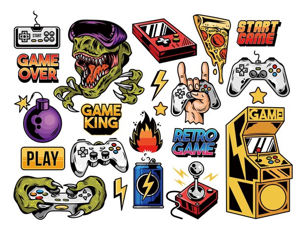 Vector op maat ontworpen set collectie van retro vintage videogame geek cultuur gamer elementen bundel cartoon