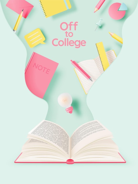 Op naar college concept art met tekstboek in pastelkleurenschema vectorillustratie