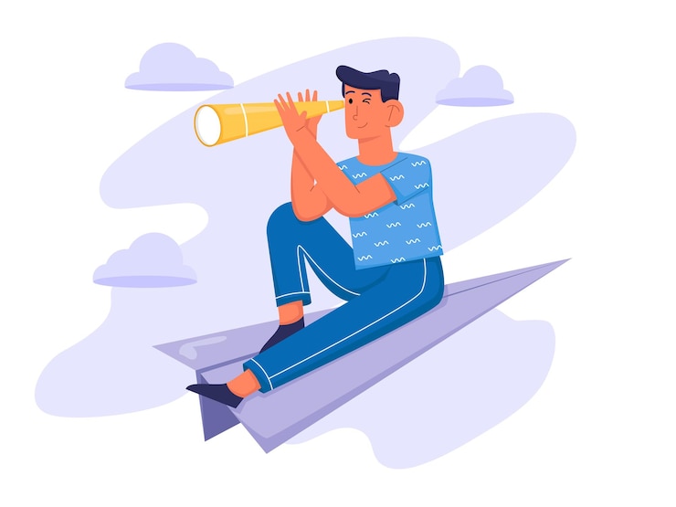 Vector op zoek naar inspiratie met man die telescoop vasthoudt en in het vliegtuig zit