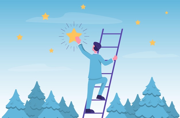Op zoek naar kansen Een zakenman op een ladder haalt een ster uit de lucht