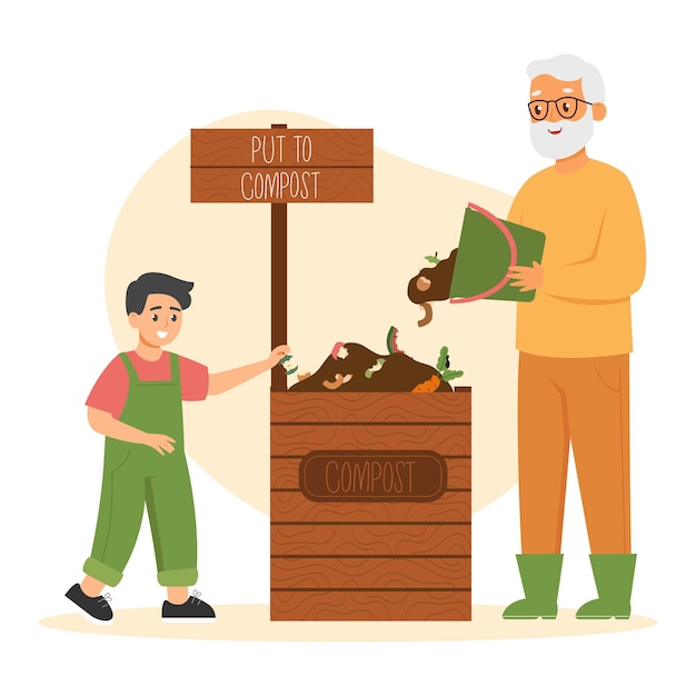 Opa en kind gooien restjes in de compostbak. Mensen sorteren organisch afval.