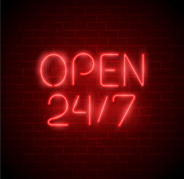 Open 24/7 Hours Neon Light on Brick Wall. 24 Hours Night Club / Bar Neon Sign.  Illustration.