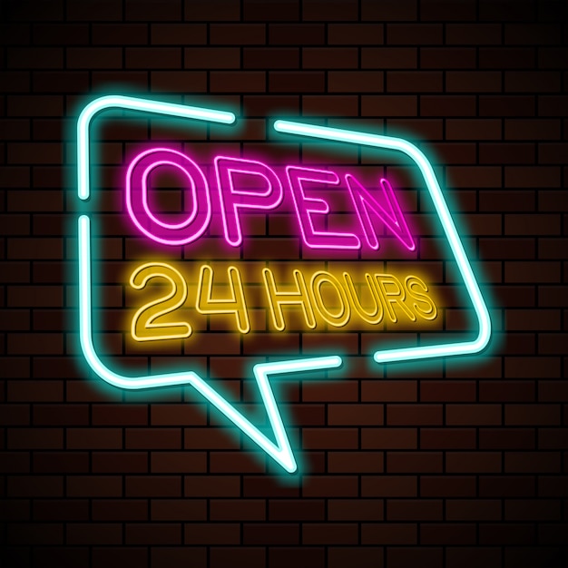 Vector open 24 hours neon sign