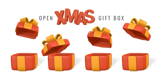 Open 3D-realistische geschenkdoos met lint en boog voor kerstvakantie Vectorillustratie