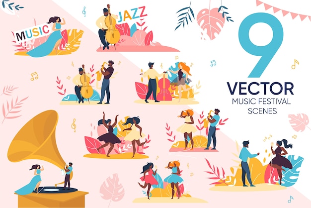 Vector open air jazz music festival people scene set