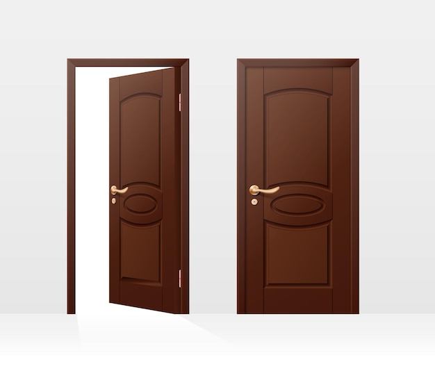 白で隔離される開いて閉じられた茶色の木製の入り口の現実的なドア