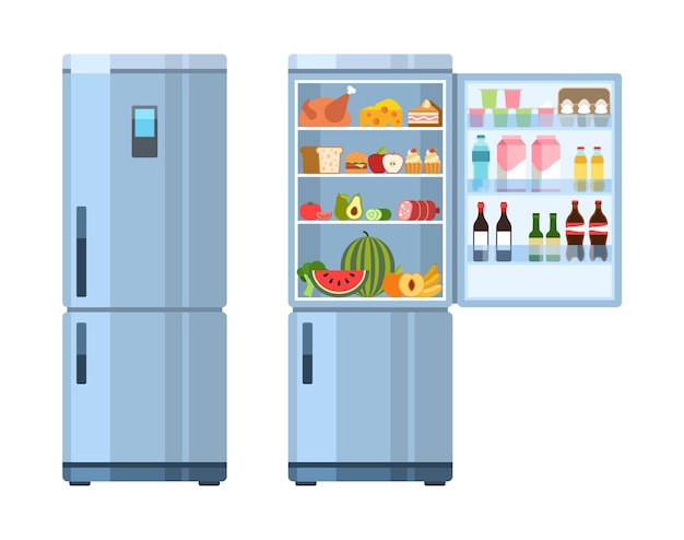 벡터 열리고 닫힌 냉장고입니다. 냉장고가 비어 있고 내부에 제품이 있는 건강한 음식 물과 우유, 과일 및 야채, 알코올 및 고기, 주방 평면 만화 벡터 격리 세트를 위한 전기 장비