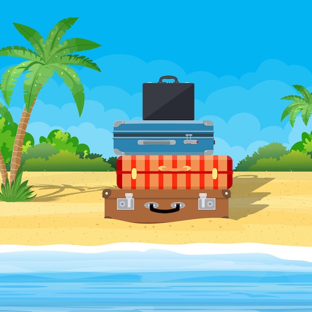 Open baggage, luggage, suitcases with travel icons and objects on tropical background.