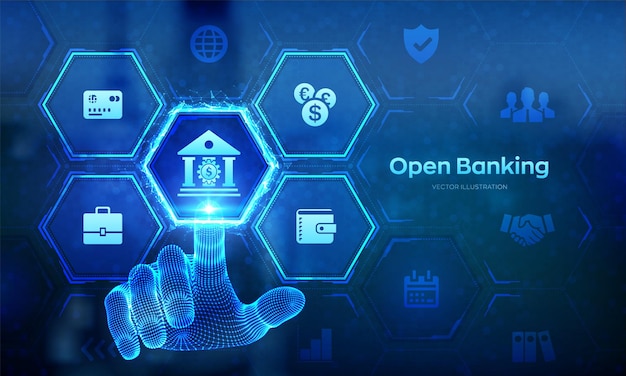 Open bankieren Bankdienst API financiële technologie Fintech bedrijfsconcept op virtueel scherm Wireframe hand wat betreft digitale interface Vector illustratie