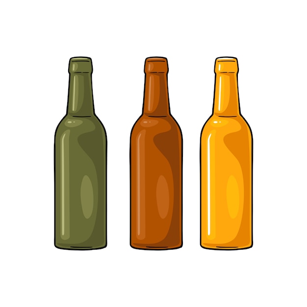 Vector open beer bottles with green, yellow and brown glass