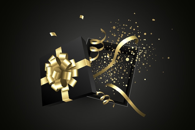 Открытая черная коробка с золотым бантом, коллекция подарков на Рождество и день рождения