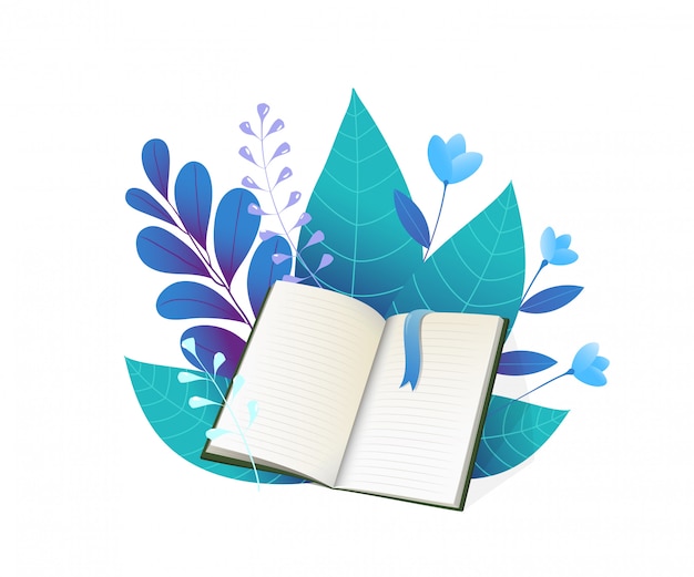 Open boek en blauwe bladeren vlakke afbeelding