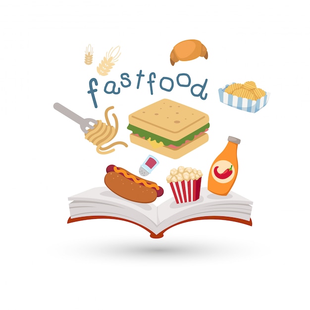 Open boek en pictogrammen van fast food