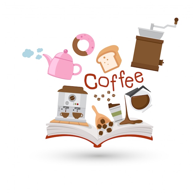 Open boek en pictogrammen van koffie en thee
