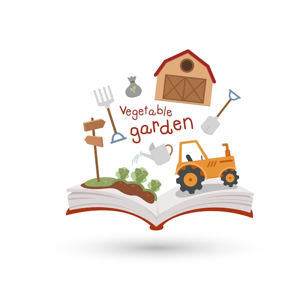 Open boek en pictogrammen van moestuin