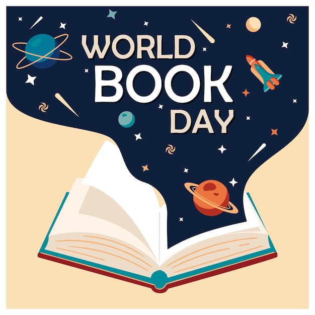 Open boek met astronomische iconen Lezen verhoogt de verbeelding Wereldboekdag concept Platte vector illustratie