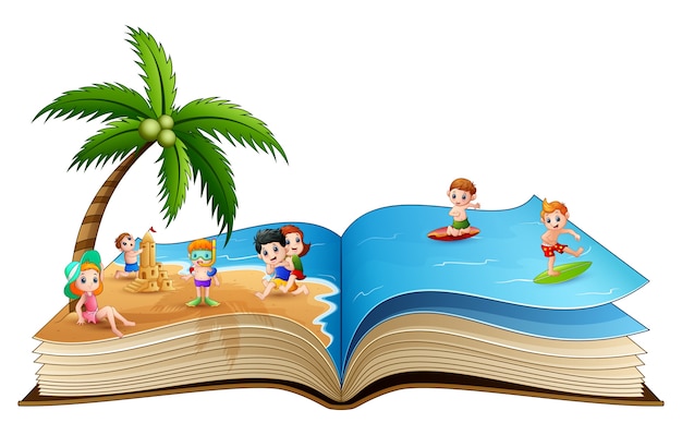 Open boek met groep kinderen die op tropisch strand spelen