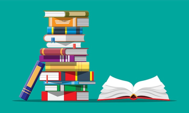 Open boek met omgekeerde pagina's en stapel boeken