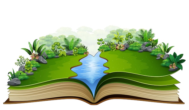 Vector open boek met rivier en groene plant van aardachtergrond