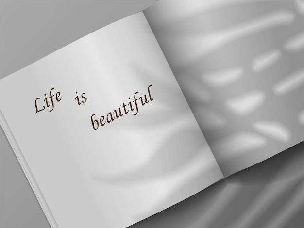 Open boek Realistische brochure mockup met plant schaduw overlay effect 3D lege notitieboek en bladeren schaduw Top view van papieren vellen met motiverende lettering Vector notitieboek pagina's ontwerp