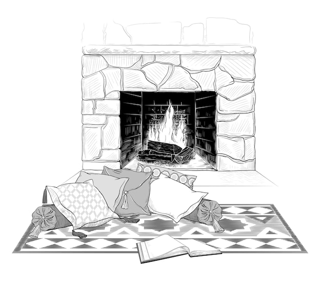 Vector open book and different pillows with tassels on a rug against the backdrop of a kindled fireplace