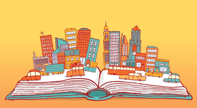 Libro aperto che mostra una città frenetica