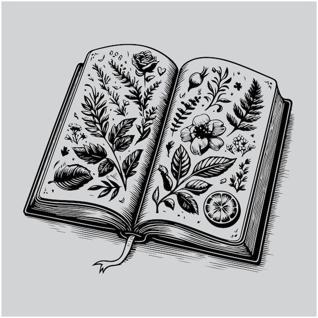 Vector open book hand drawn notebook dictionary or encyclopedia engraving style object library or books
