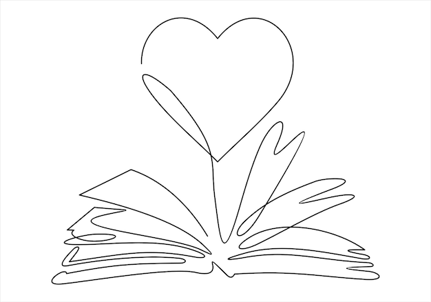 Open book and heart continuous line vector illustration one line vector