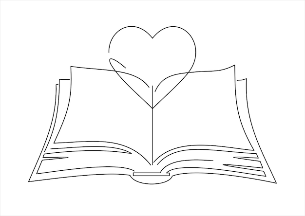 open book and heart continuous line vector illustration
