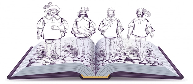 Illustrazione del romanzo storico a libro aperto su tre moschettieri