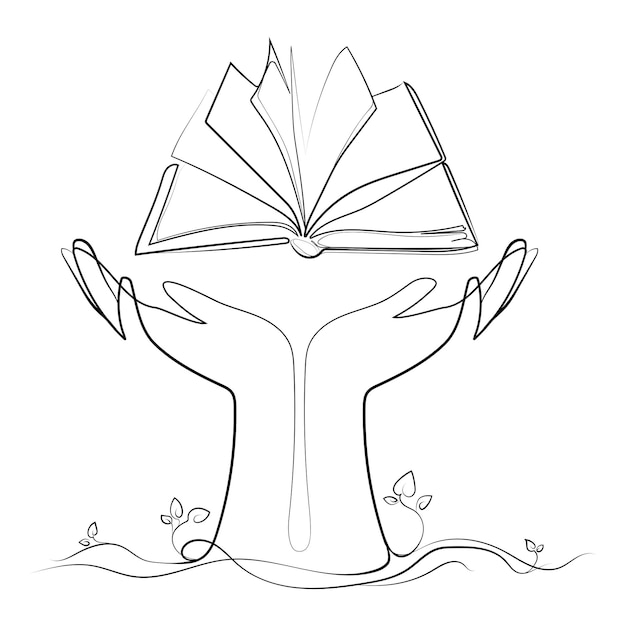 Libro aperto in mani umane line art disegno logo iconemblem design mani a coppa con vettore libro