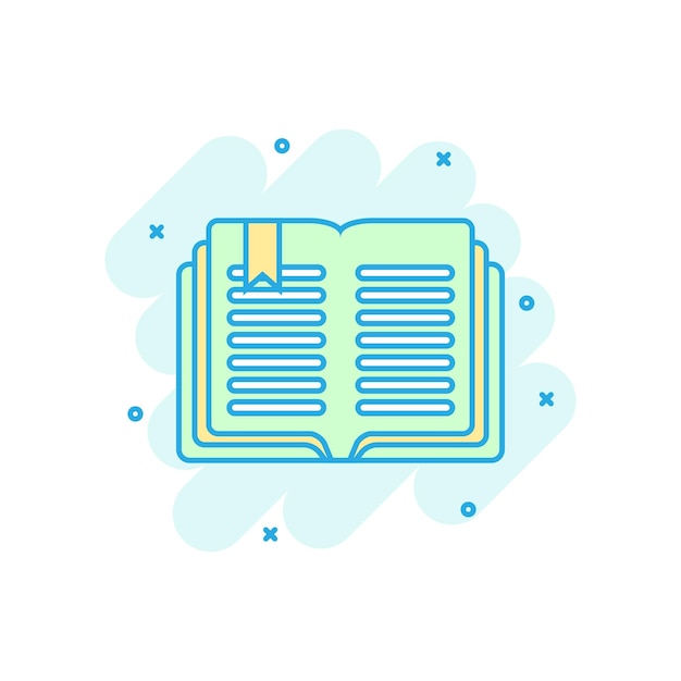 Open book icon in comic style Literature vector cartoon illustration on white isolated background Library business concept splash effect