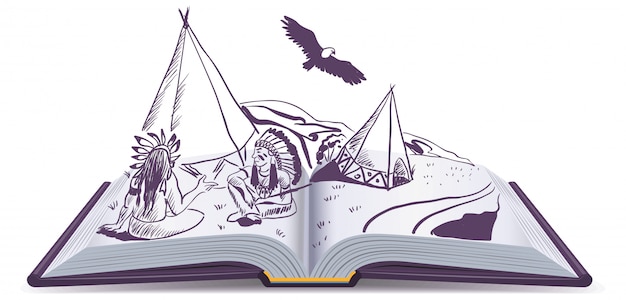책 공개 시험. 인디언들은 열린 책의 페이지에서 Wigwam에 앉아 있습니다. 모험 이야기