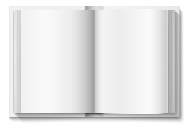 벡터 책 모형을 엽니다. 흰색 배경에 고립 된 상위 뷰 현실적인 빈 페이지 템플릿