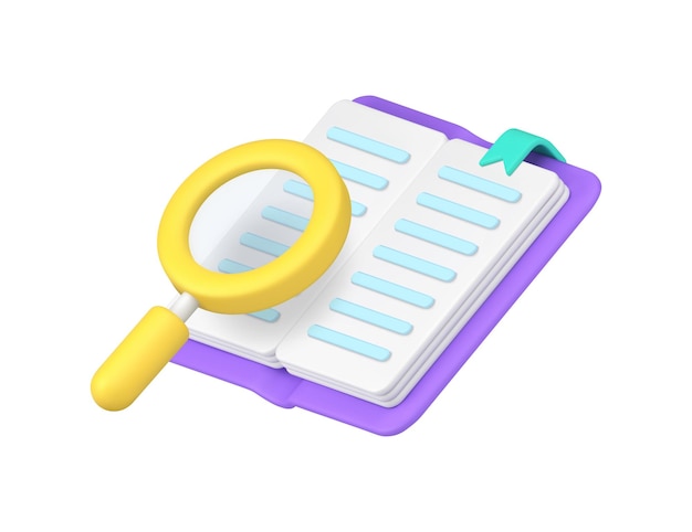 Vector open book reading with magnifying glass education knowledge learning 3d icon realistic vector