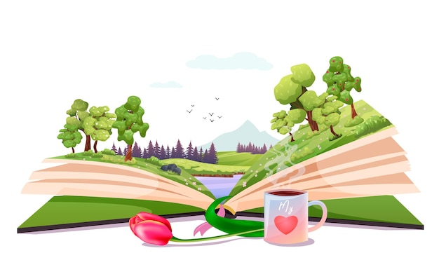 Open book spring nature inside Imagination fantasy magic in literature concept Season fairy tale storybook textbook Lake forest landscape picture Tulip cup of tea Vector illustration