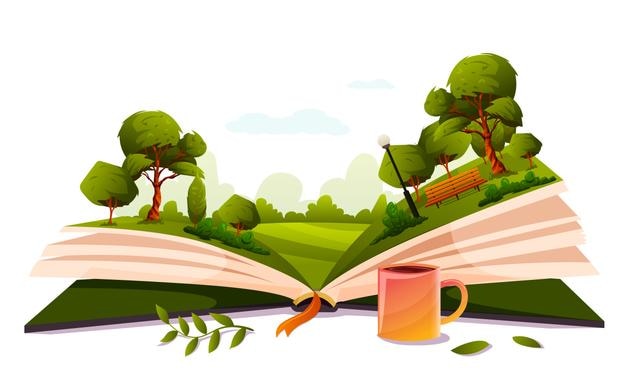 Open book summer nature bench park inside Imagination fantasy magic in literature concept Season fairy tale storybook textbook Forest landscape picture Leaf cup of tea Vector illustration