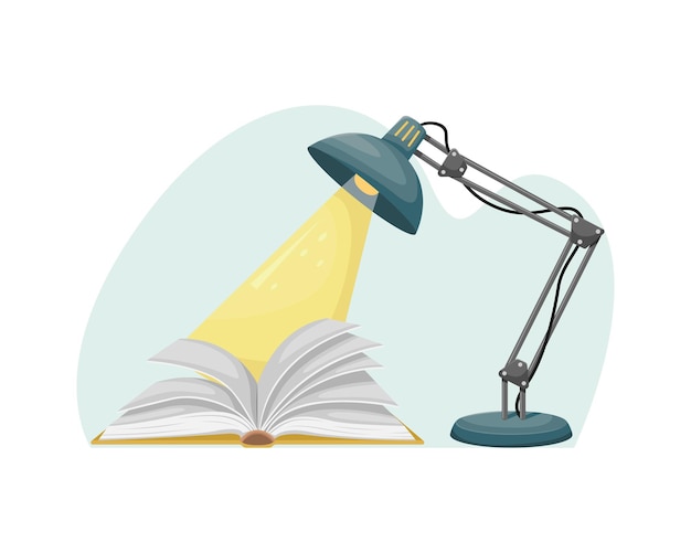 Vettore un libro aperto sul tavolo con una lampada da tavolo. educazione, lettura.