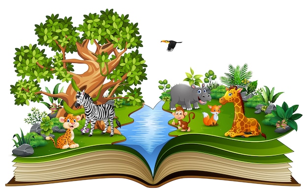 Vettore apra il libro con il fumetto animale che gioca nel fiume