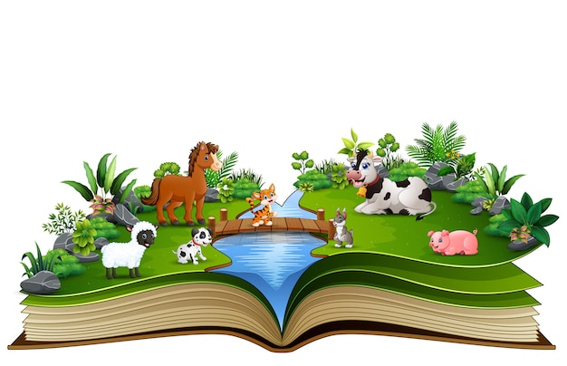 Libro aperto con fattoria degli animali nel parco