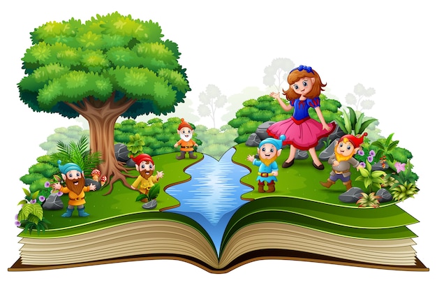 Open book with a beautifull snow white and dwarf