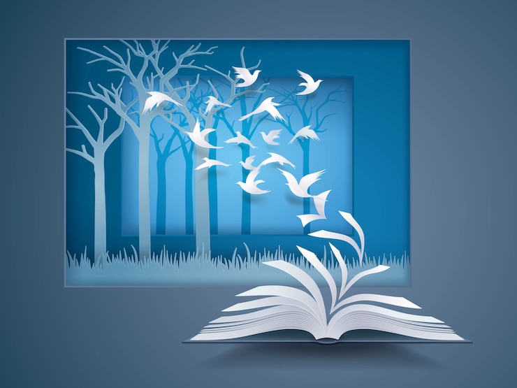 Вектор открытая книга с птицей, летящей от нее, бумажные страницы