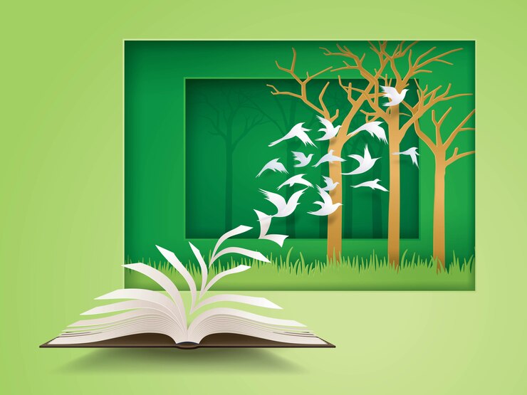 Вектор открытая книга с птицей, летящей от нее