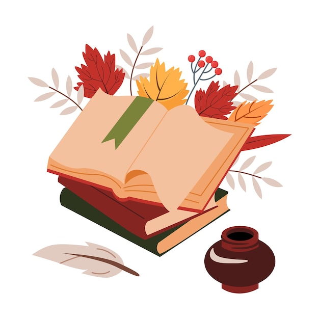 open book with empty pages a pen and an inkwell the composition is decorated with autumn leaves