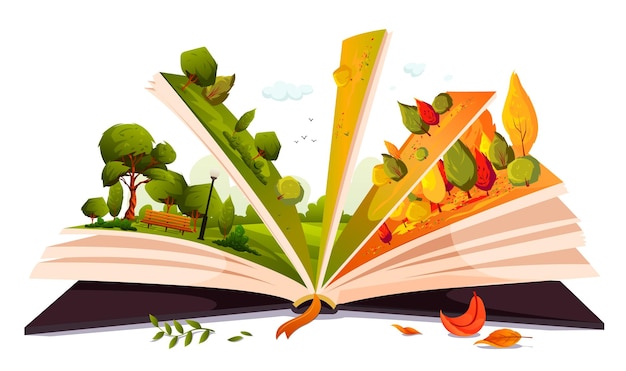 open book with fairy tale green summer forest snowy winter adventure story for children kids different off seasons on sides of pages read magic storybook about spring nature vector illustration