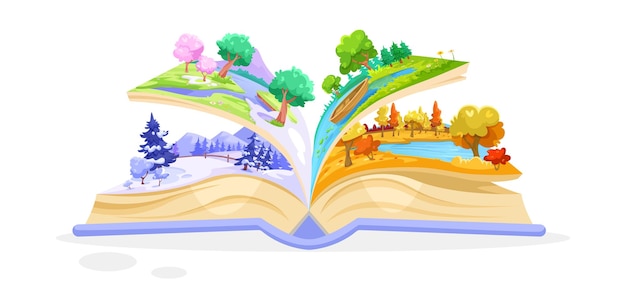 open book with four seasons landscape inside vector illustration