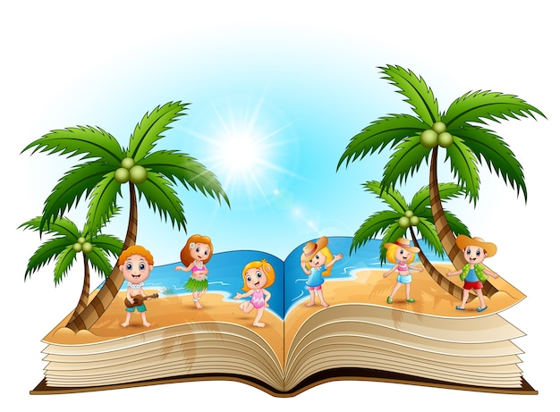Libro aperto con un gruppo di bambini felici sulla spiaggia