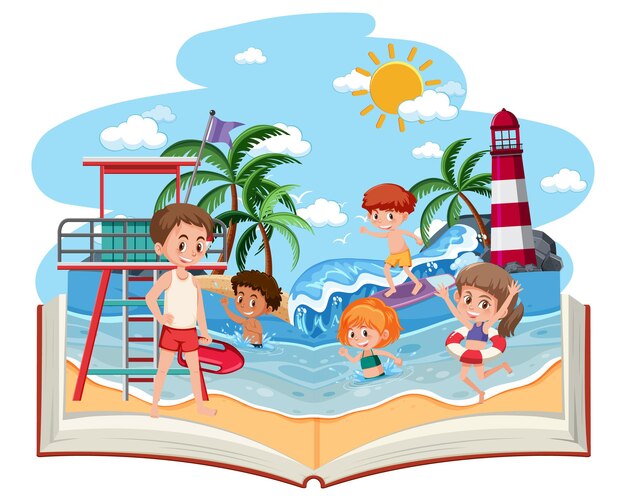 Libro aperto con bambini felici sulla spiaggia